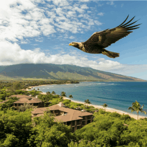 An eagle soaring over a coastal resort with mountains and ocean in the background.